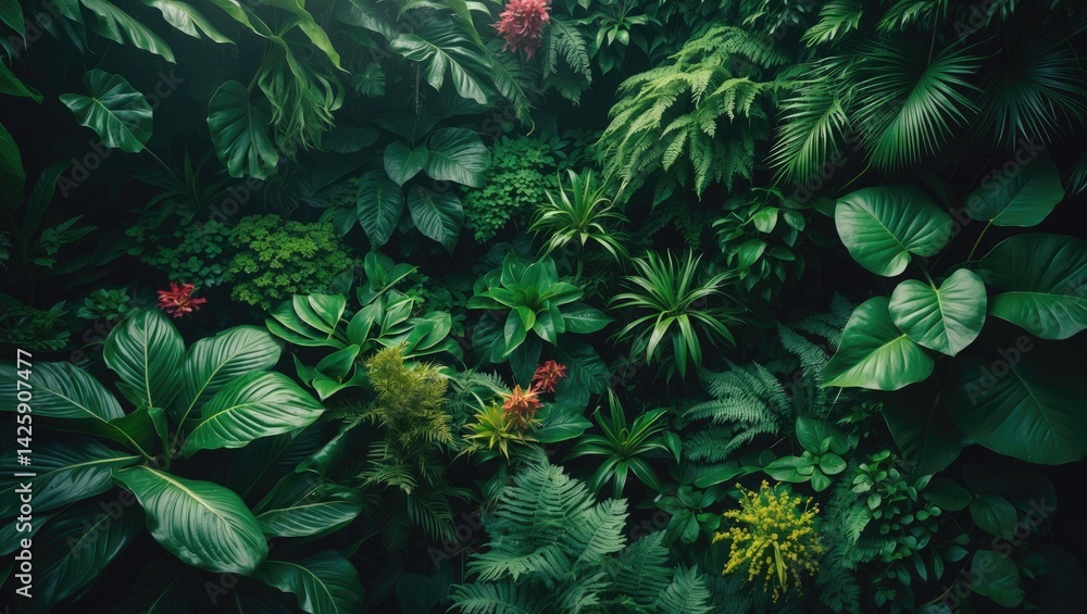 Poster close-up of background leaves texture with abstract nature backdrop, featuring lush foliage and exot