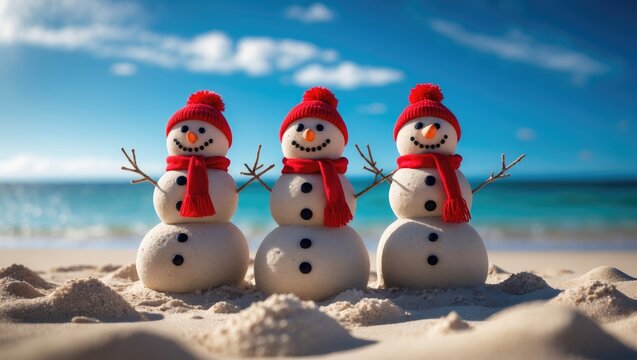 Festive seaside scene featuring snowmen and holiday cheer