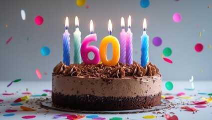 60th birthday chocolate cake with lit candle and confetti celebration