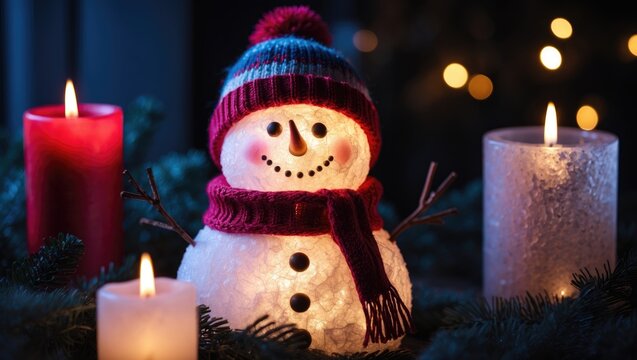 Snowman LED decoration displayed in front of other decorations