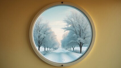 Snow scene viewed through a circular window on the wall