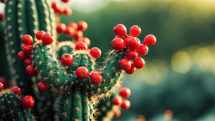 Christmas Cactus and Pencil Cholla Cactus Featuring Vibrant Red Fruits