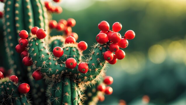 Christmas Cactus and Pencil Cholla Cactus Featuring Vibrant Red Fruits