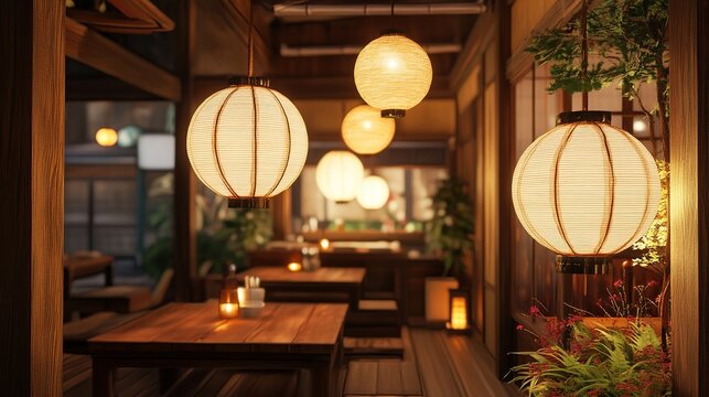 A traditional Japanese izakaya with wooden interiors and paper lanterns.