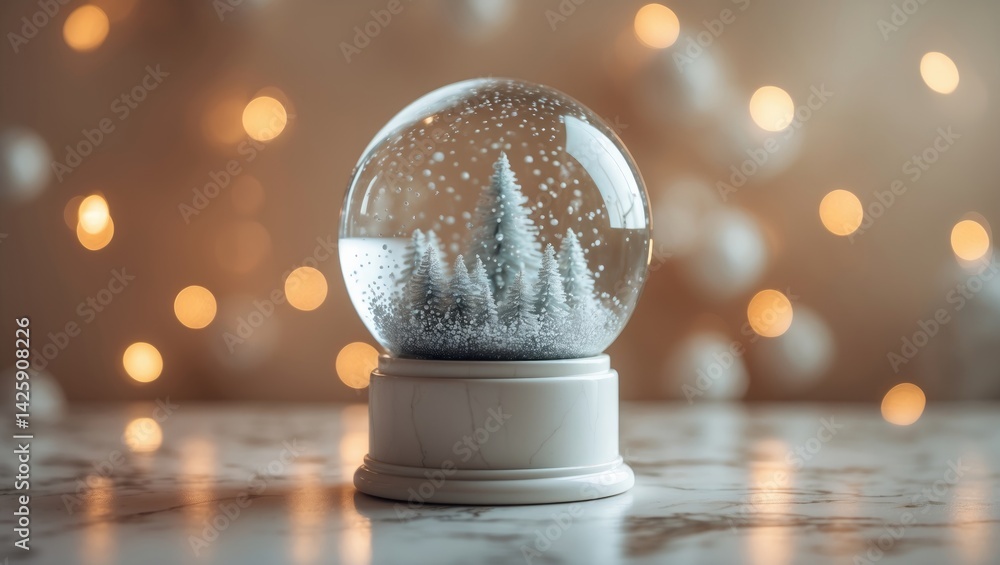 Poster snow globe resting on marble table with festive lights and space for text