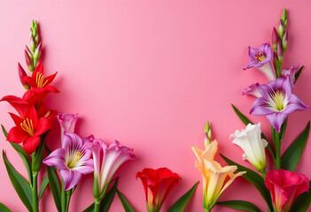 A soft pink background elegantly framed by a lush arrangement of deep red gladiolus flowers along the lower edge. The striking contrast between the delicate pink and bold crimson creates a dramatic