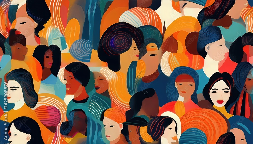 Poster vibrant diverse crowd in colorful abstract art seamless pattern celebrating global unity and diversi
