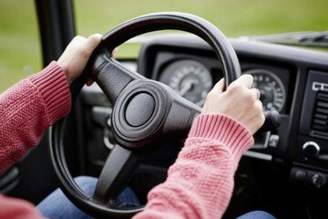 Female driver's hand pressing horn button while navigating vehicle on road