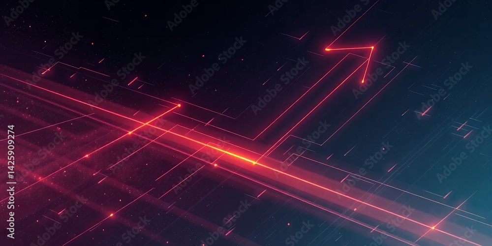 Poster abstract dark background with glowing red lines forming an upward arrow and circuit patterns