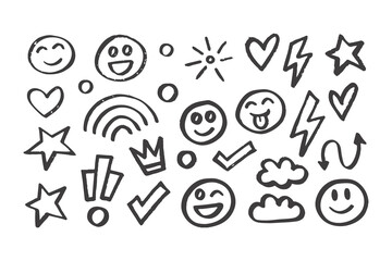 Hand Drawn Smile Brush Vector Set.  Emoji Faces, Hearts, Crowns, Arrows with Crayon Texture in Kid Sketch Style, Fun Marker Doodle Elements Collection