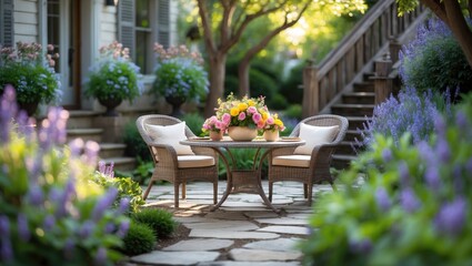 Small urban townhouse summer garden with perennials
