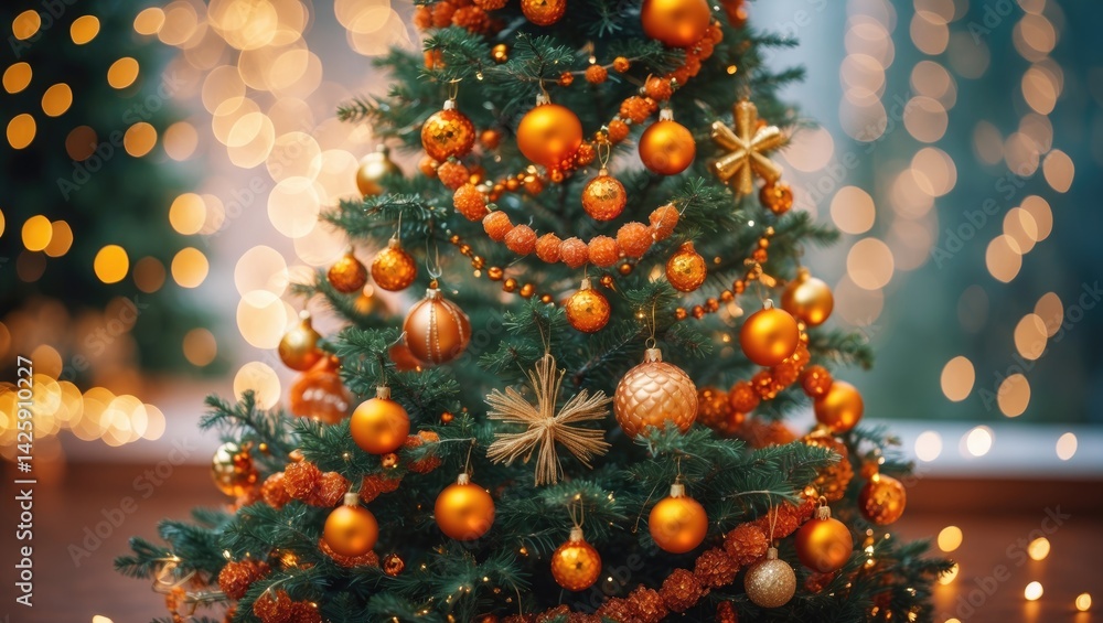 Poster festive christmas tree adorned with toys against a shimmering, bokeh-filled background with ample sp