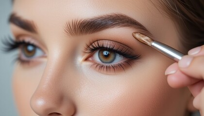 Close-up shot shows eyebrow enhancement with a makeup brush, emphasizing beauty techniques for eye and brow grooming. Beauty is in the eye.