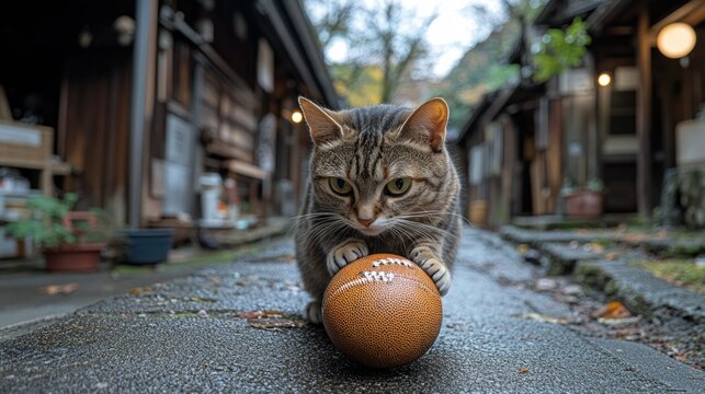Tabby cat playing with ball in alleyway
