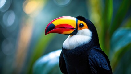 Naklejka premium Close-up of a colorful toucan with vibrant feathers in a tropical rainforest