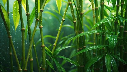Fototapeta premium Tiny bamboo plants getting rainwater exposure