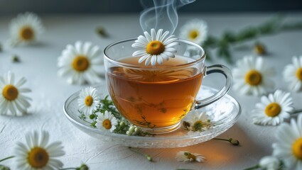 Close-up of a transparent glass cup with tea on a white saucer, decorated with flowers