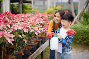 Young boy learns plant care with his mom’s support. Hands-on nature activity promoting...