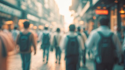 Urban street scene with blurred city background and busy crowd at dusk