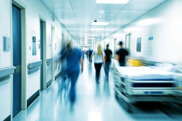 Fototapeta premium Medical Professionals Walking in a Busy Hospital Corridor with Motion Blur in Clinic Setting