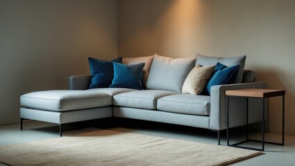 Traditional grey sofa accompanied by wooden table in living room