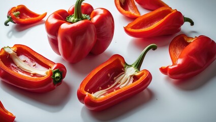 Single red bell pepper slice with shadow and water droplets