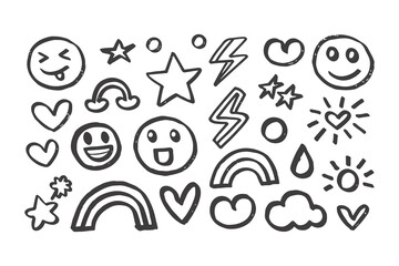 Hand Drawn Smile Brush Vector Set.  Emoji Faces, Hearts, Crowns, Arrows with Crayon Texture in Kid Sketch Style, Fun Marker Doodle Elements Collection