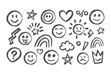 Hand Drawn Smile Brush Vector Set.  Emoji Faces, Hearts, Crowns, Arrows with Crayon Texture in Kid Sketch Style, Fun Marker Doodle Elements Collection