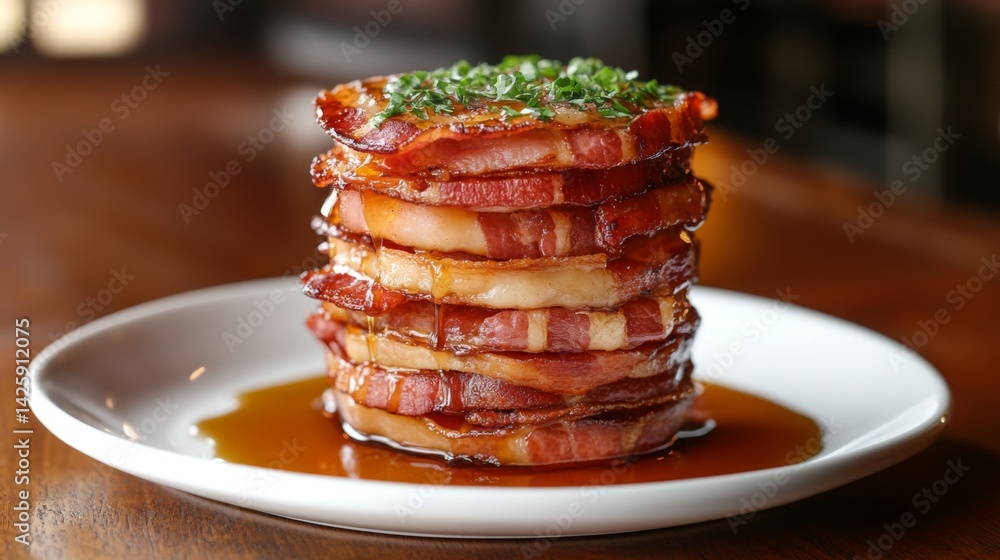 Poster a stack of crispy bacon strips on a white plate, arranged neatly with a light drizzle of maple syrup