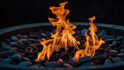 Close-up of a backyard fire pit with bright flames against a dark night backdrop