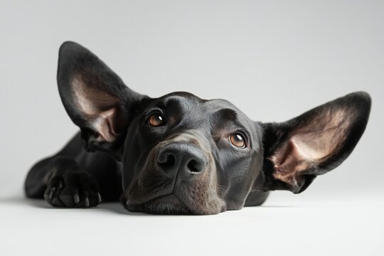 Black dog with large ears, lying down, looking up. - Powered by Adobe