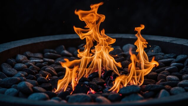 Close-up of a backyard fire pit with bright flames against a dark night backdrop