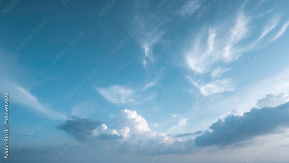 Poster serene blue sky with cloudy gradient and white clouds as a calm background