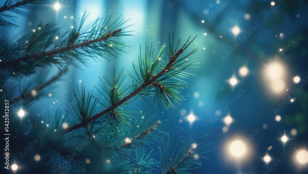Poster close-up of a christmas pine branch with rays of light against a blue background featuring reflectio