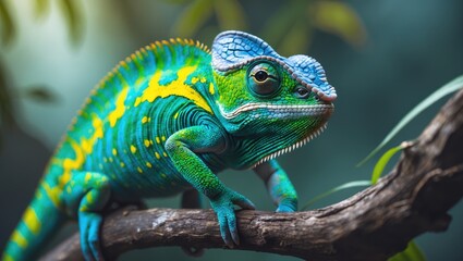 Fototapeta premium Exotic wildlife photograph of a multicolor chameleon on a branch highlighting its natural camouflage