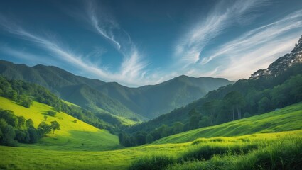 Stunning view of lush green meadows and forested mountain ranges under sunny skies in an ecologically pristine area.