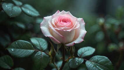 Close-up of a pink and white rose bud with green leaves in the background