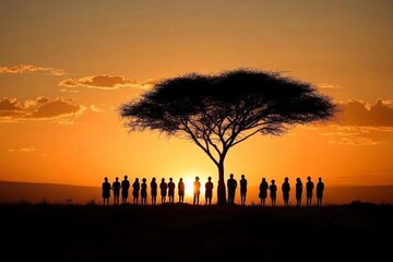 Sunset Silhouettes: African Aborigines, Female Tribe Members in Desert Landscape - Generated Art