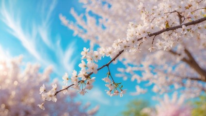 Obraz premium Spring banner with blooming background featuring white cherry blossoms against the sky