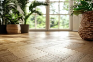 Sunlit Minimalistic Living Room with Hardwood Flooring and Herringbone Parquet in Natural Wood Hallway