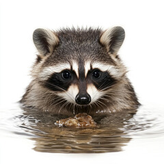Raccoon exploring shallow water on white background