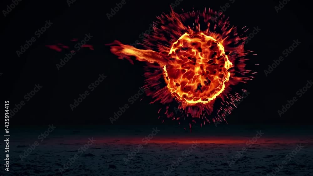 Poster a fiery, exploding sphere captured from a low-angle shot, showcasing dynamic energy and motion, idea