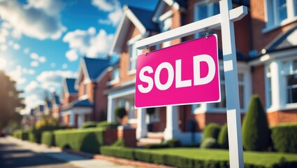 Fototapeta premium British estate agent's sold house sign on a street with houses in the background