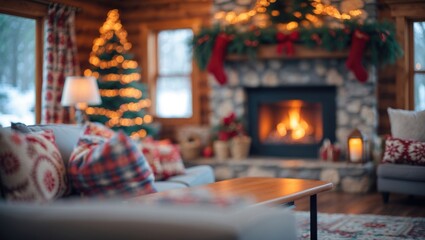 Naklejka premium Blurry Background of Warm Cozy Cabin Interior with Festive Decor, Fireplace, and Inviting Seating
