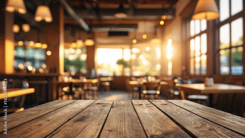 Poster blurred background with empty wooden table for cafe product display