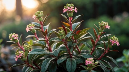 Spring flowers and foliage on Euphorbia dulcis in the garden