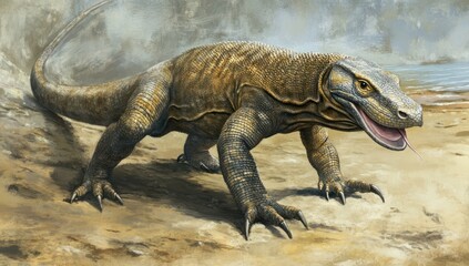 Fototapeta premium Komodo dragon walking beach, misty background, wildlife illustration, stock photo