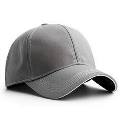 Fototapeta premium Gray baseball cap with curved brim and stitched details on white background