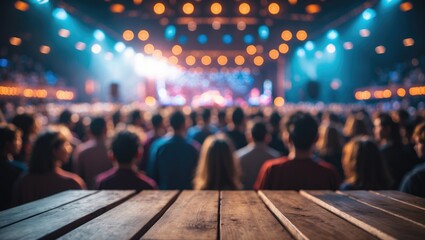 Empty table top for product showcase montage at concert with blurred crowd in background
