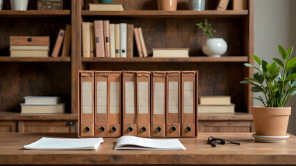 Stylish shelving unit featuring documents, decor, and Mocha-inspired details